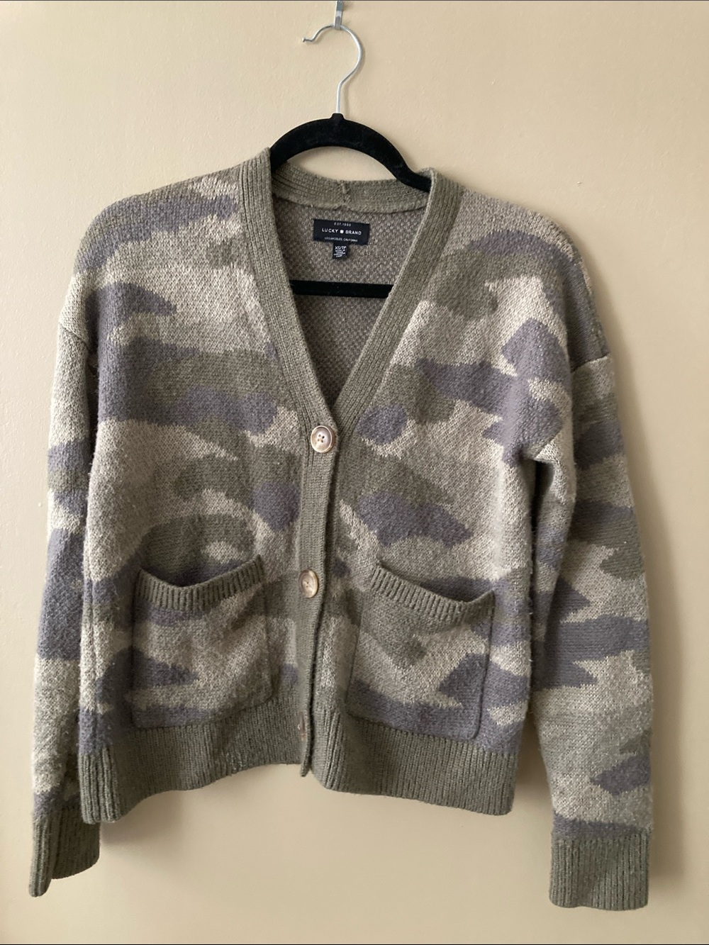 Lucky Brand Olive Green Camo Knit Cardigan wool blend